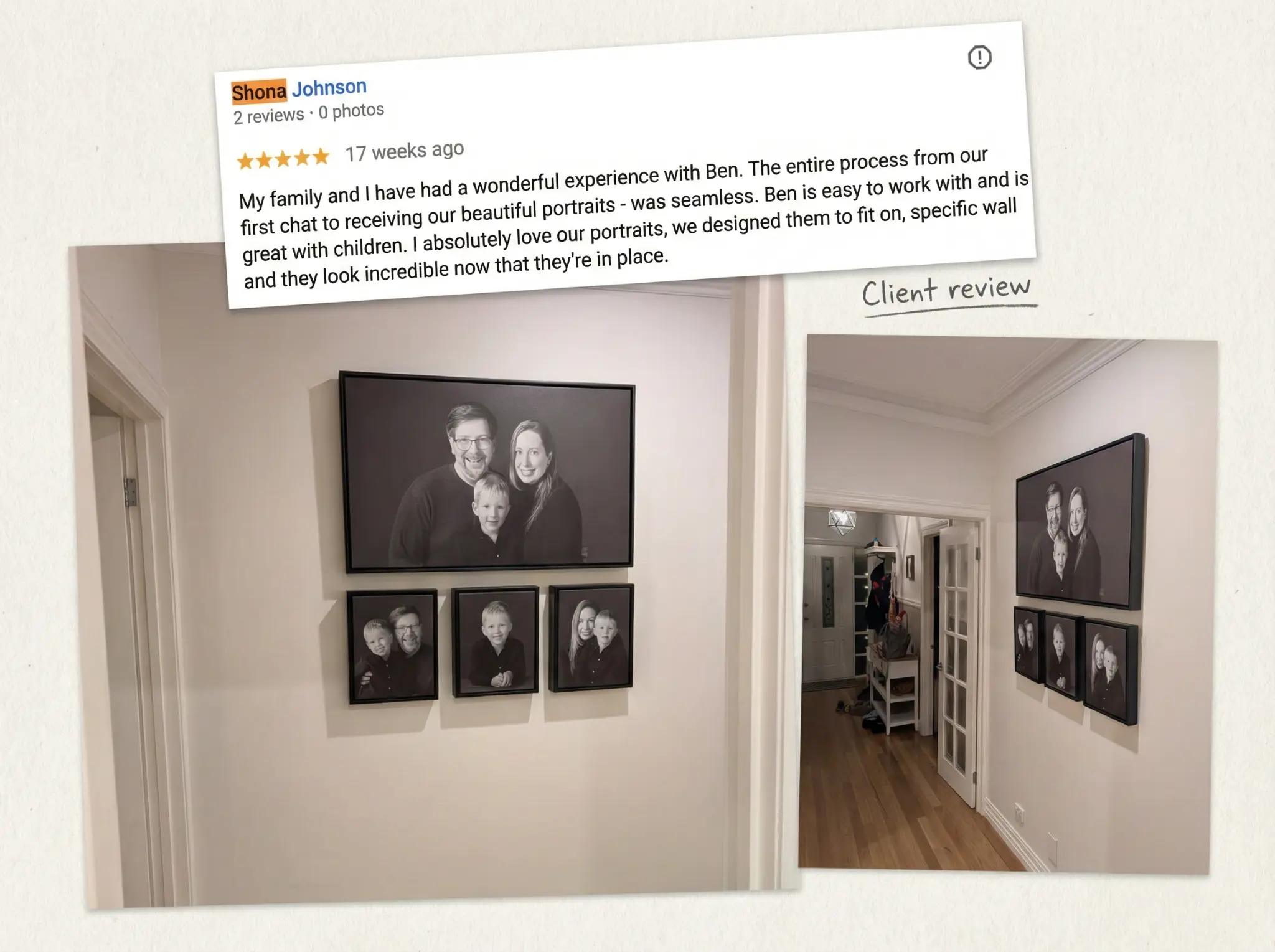 Shona Johnson’s client review and BP Portraits artwork displayed in her home